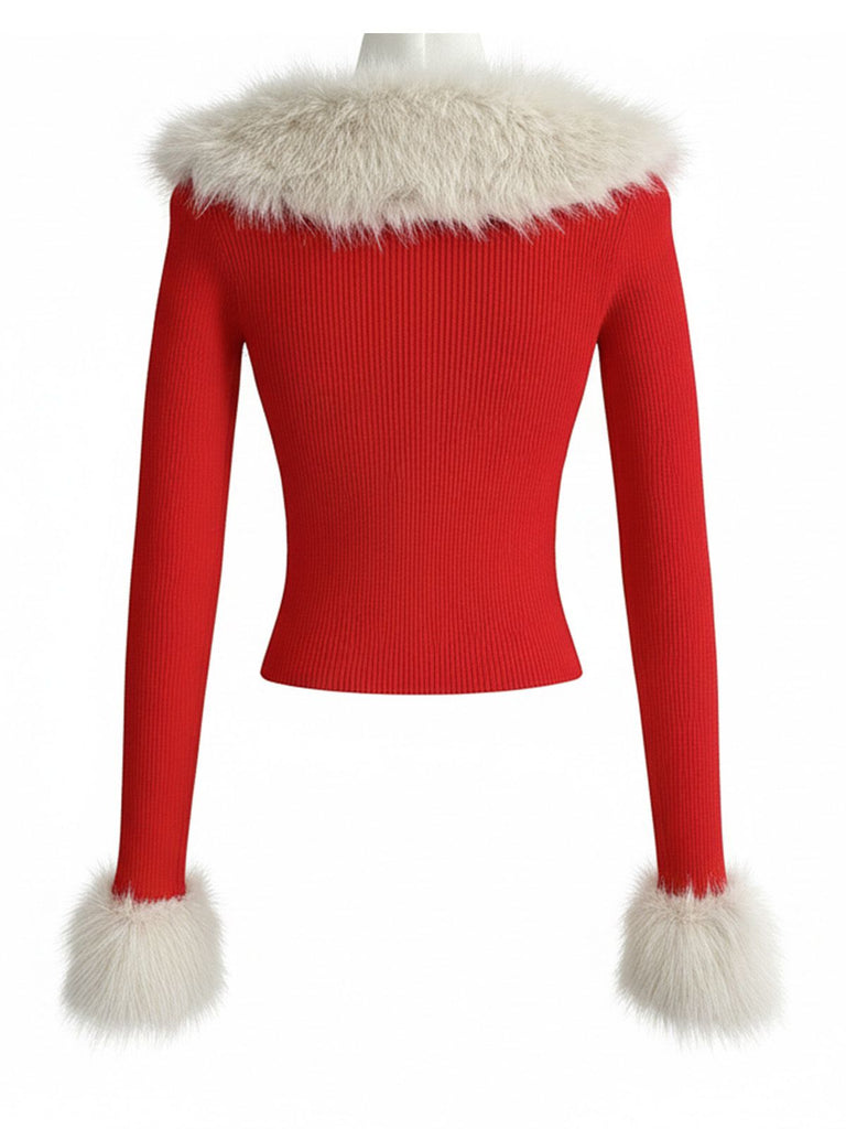 Red 1980s Detachable Fur Collar Tie Knit Cardigan - vintage fashion, retro style, elegant red