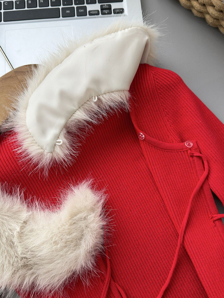 Red 1980s Detachable Fur Collar Tie Knit Cardigan - vintage fashion, retro style, elegant red