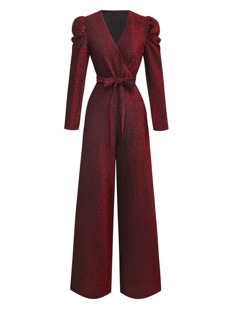 Red 1980s Glitter Deep-V Long Sleeve Jumpsuit - vintage jumpsuit, retro fashion, elegant red