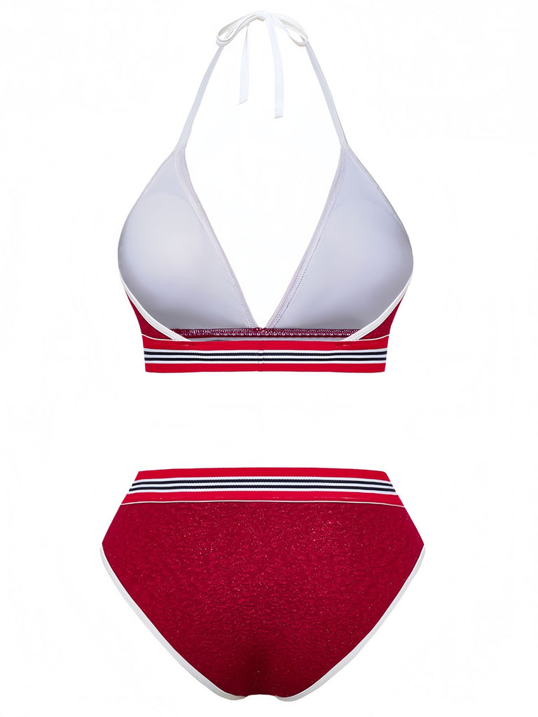 Red 1980s Glitter Halter High Waist Bikini Set, vintage swimsuit, pin-up swimwear - perfect for women who love vintage and retro fashion