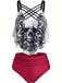 She's wearing Red 1980s Gothic Skull Front Cross Ruffle Swimsuit and the whole beach remembers the 1980s