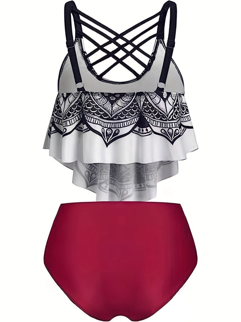 Red 1980s Gothic Skull Front Cross Ruffle Swimsuit: 1980s Riviera elegance, reimagined for her