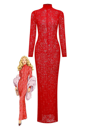 Red 1980s High Neck Sheer Lace Bodycon Maxi Dress - vintage dress, retro fashion, elegant red