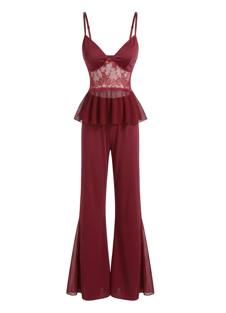 Red 1980s Lace Camisole and Flare Leg Pajama Set - vintage fashion, retro style, elegant red