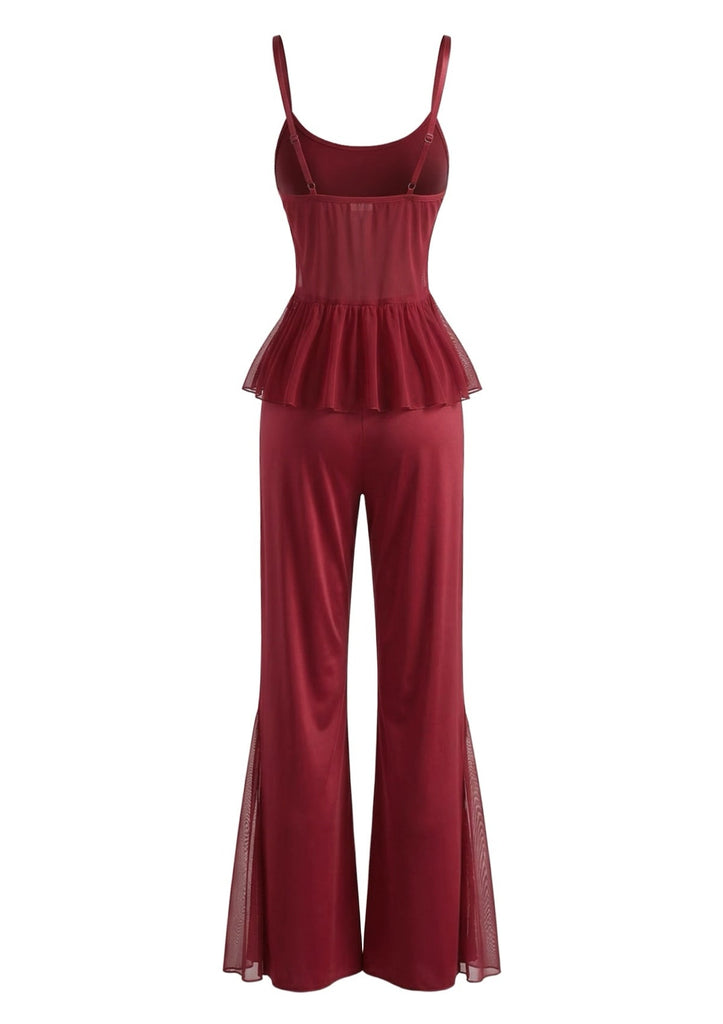 Red 1980s Lace Camisole and Flare Leg Pajama Set - vintage fashion, retro style, elegant red
