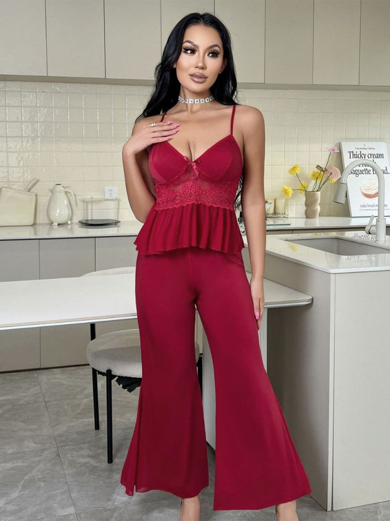 Red 1980s Lace Camisole and Flare Leg Pajama Set - vintage fashion, retro style, elegant red
