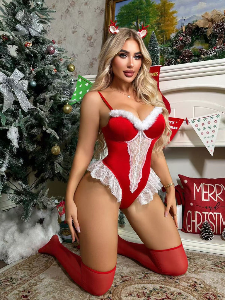 Red 1980s Reindeer Lace Christmas Lingerie Set - vintage fashion, retro style, elegant red