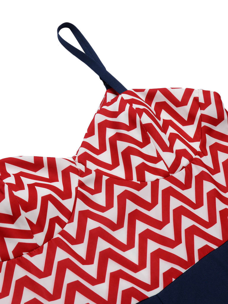 Red & Blue 1950s Chevron Stripe Strap Romper, vintage romper, retro jumpsuit - perfect for women who love vintage and retro fashion
