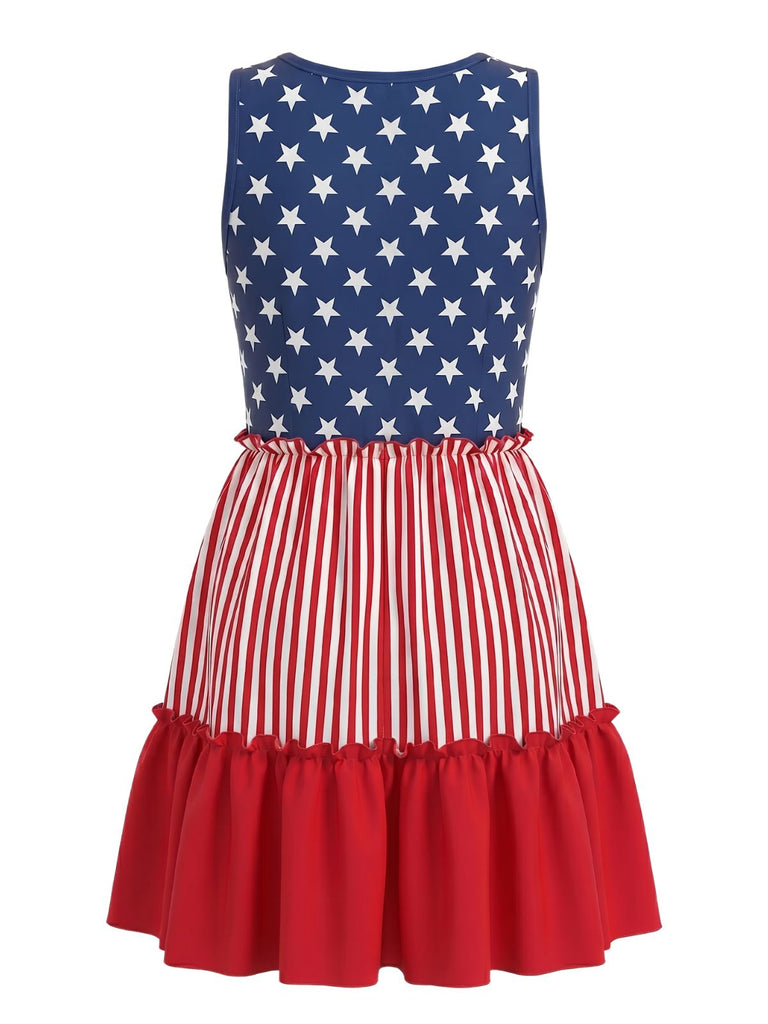 红蓝白拼色 1940s Print Vintage Sleeveless Dress 4