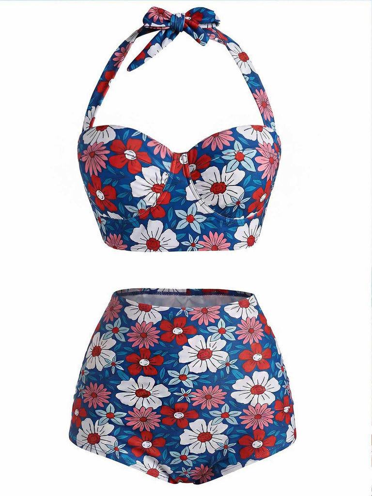 [Pre-Sale] Red & Blue & White 1950s Floral Halter Bikini Set, vintage swimsuit, pin-up swimwear - perfect for women who love vintage and retro fashion