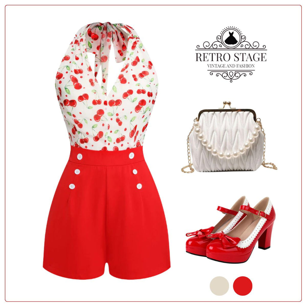Red Cherry V-Neck Halter Lace-Up Romper: timeless style reimagined