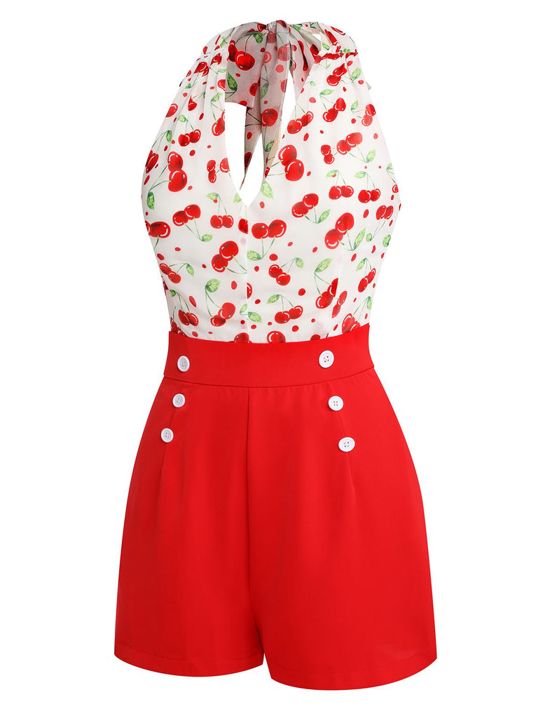 Red Cherry V-Neck Halter Lace-Up Romper — vintage elegance for the modern woman
