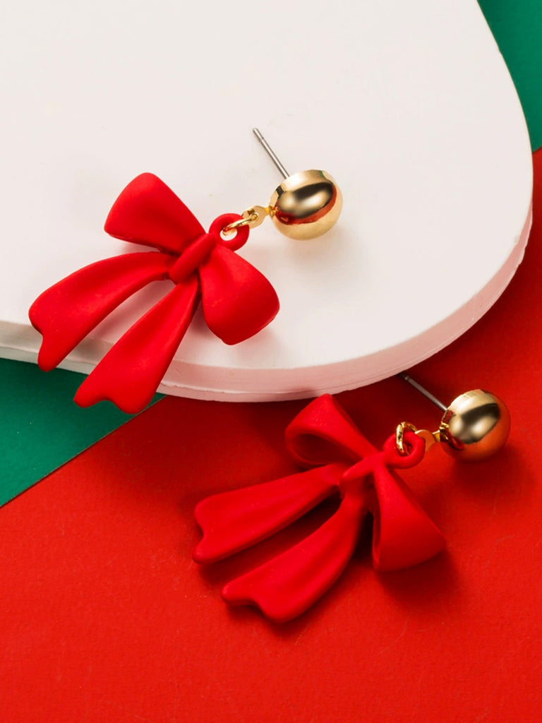 Red Christmas Bow Drop Earrings - vintage fashion, retro style, elegant red