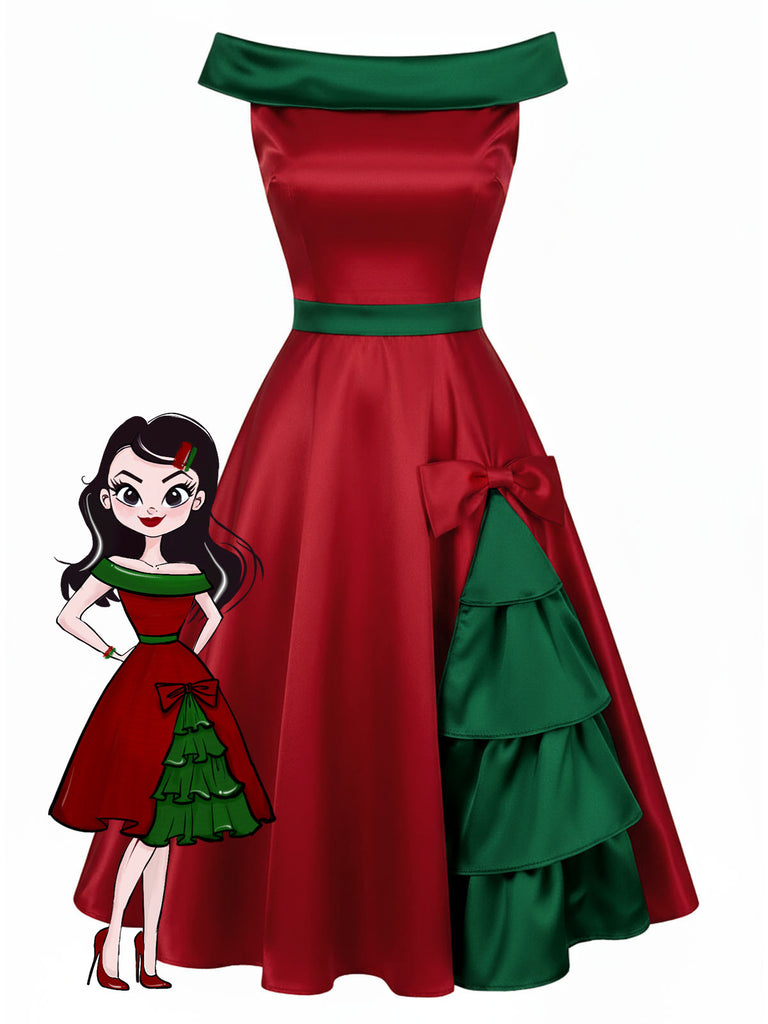 She slips into this Red & Green 1950s Chrismtas Tree Off-Shoulder Dress and suddenly it's a 1950s daydream