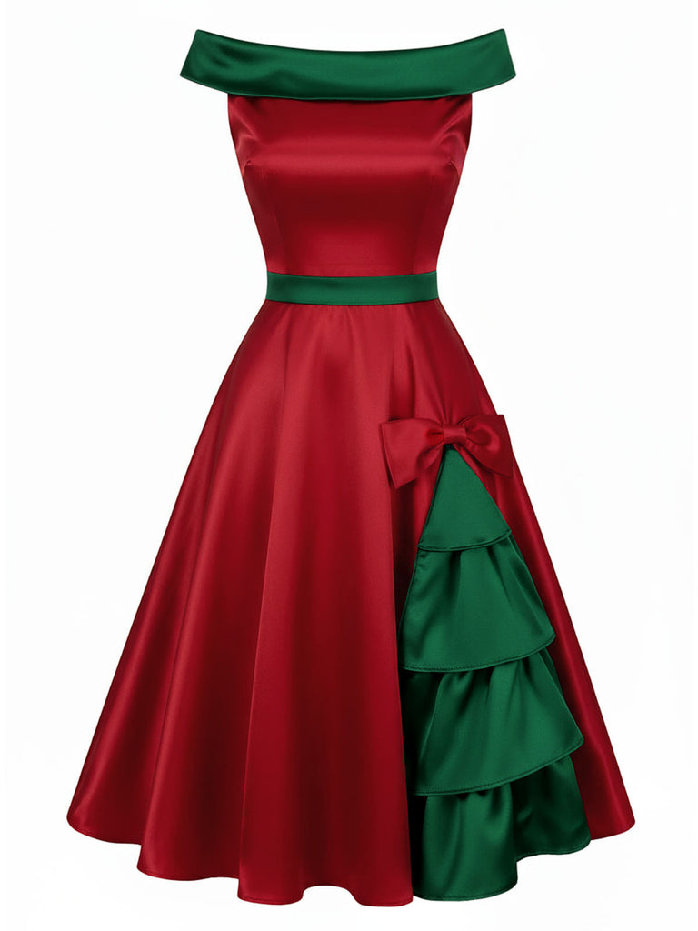 Red & Green 1950s Chrismtas Tree Off-Shoulder Dress: where 1950s romance meets her modern spirit