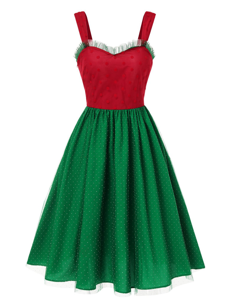 This Red & Green 1950s Christmas Polka Dots Dress wraps her in 1950s elegance, one twirl at a time