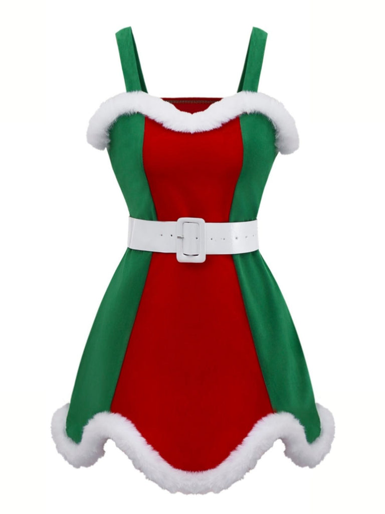 Red & Green 1960s Christmas Plush Trim Dress Set - vintage dress, retro fashion, elegant red