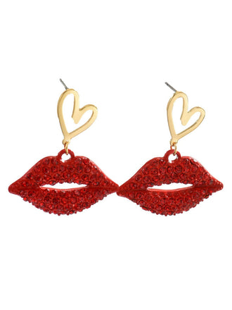 Red Lip Rhinestones Heart Alloy Pendant Earrings - vintage fashion, retro style, elegant red