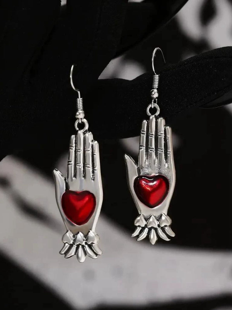 Red & Silver Vintage Gothic Heart Glove Earrings - vintage fashion, retro style, elegant red