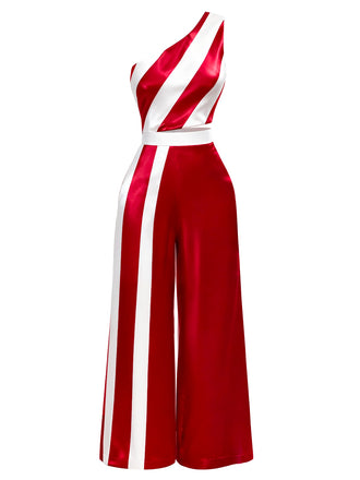 Red & White 1960s One-Shoulder Stripes Jumpsuit - vintage jumpsuit, retro fashion, elegant red