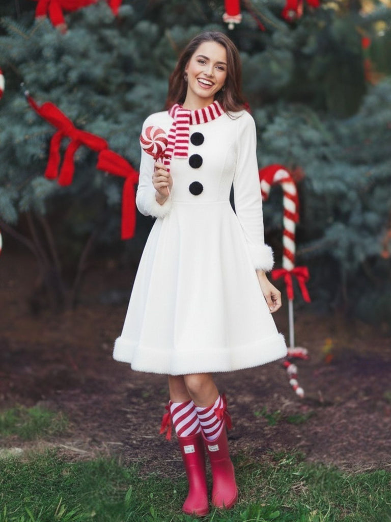 Red & White Christmas Snowman Velvet Dress - vintage dress, retro fashion, elegant red