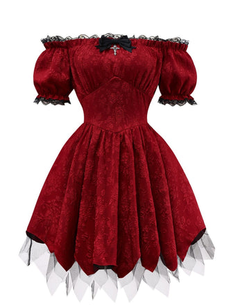 Red 1970s Gothic Lace Bow Off Shoulder Dress - vintage dress, retro fashion, elegant red