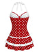 Red 1940s Polka Dot Halter Bow One-Piece Swimdress back view