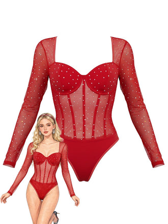 Red sheer bodysuit with long sleeves and a model wearing it on a white background