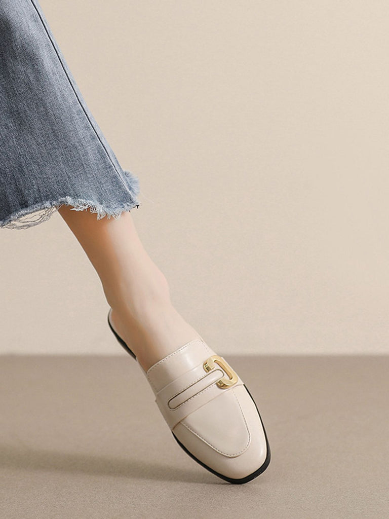 This Retro Beige Leather Loafers Half Slippers whispers 1950s secrets to those who notice