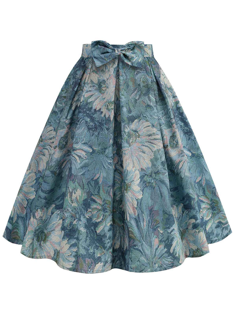 She sways in this Retro Blue 1950s Lotus Painting Bow Skirt and it's pure 1950s magic