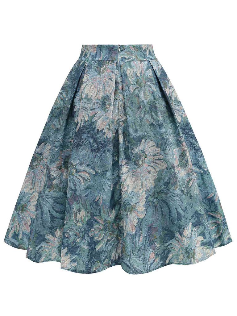 This Retro Blue 1950s Lotus Painting Bow Skirt spins 1950s stories with every step