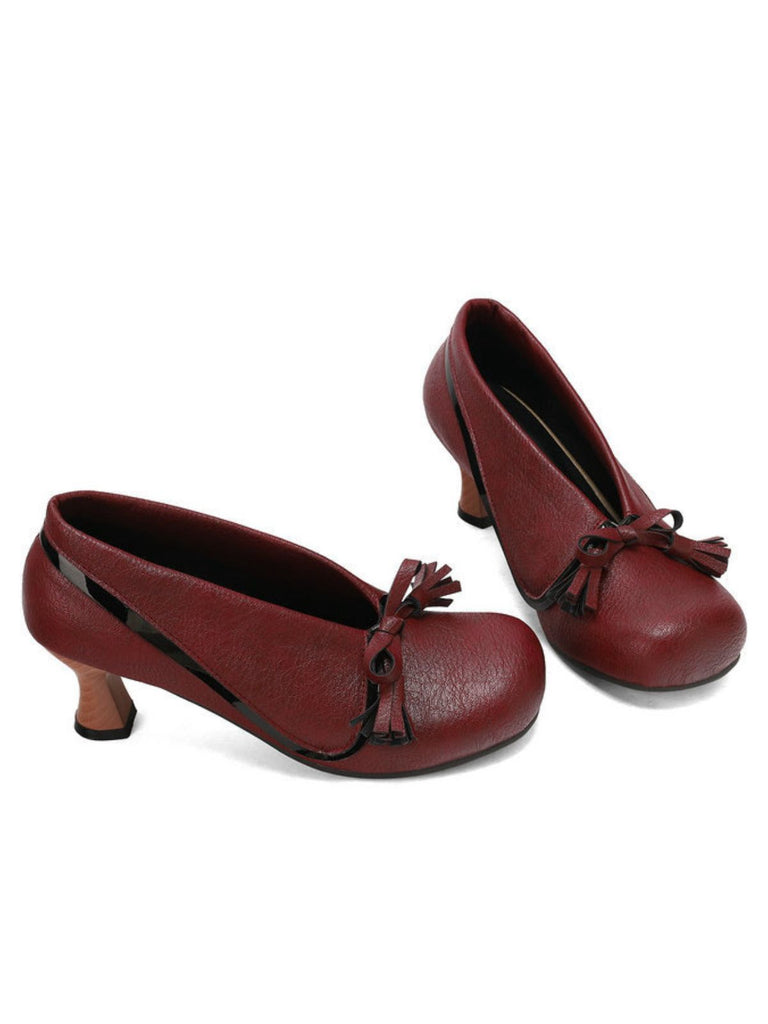 Retro Bow PU Round-Toe Chunky Heel Shoes - vintage shoes, retro heels