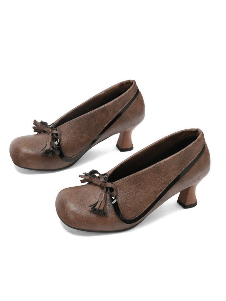 Retro Bow PU Round-Toe Chunky Heel Shoes - vintage shoes, retro heels