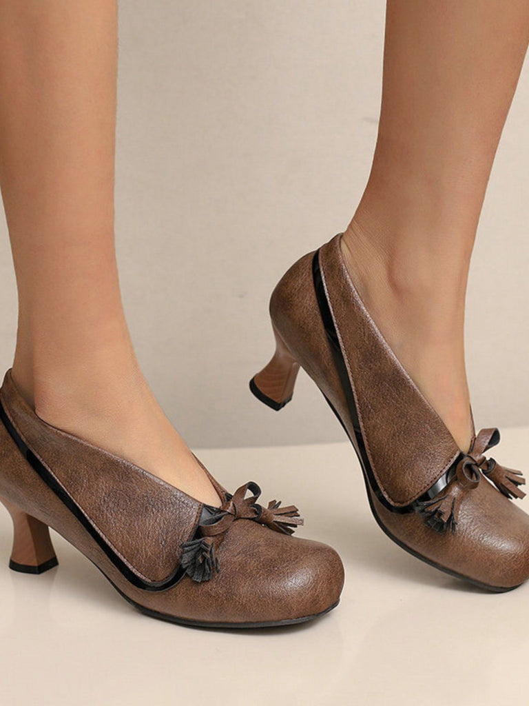 Retro Bow PU Round-Toe Chunky Heel Shoes - vintage shoes, retro heels