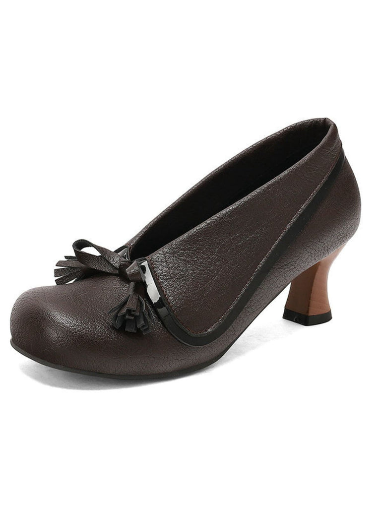 Retro Bow PU Round-Toe Chunky Heel Shoes - vintage shoes, retro heels