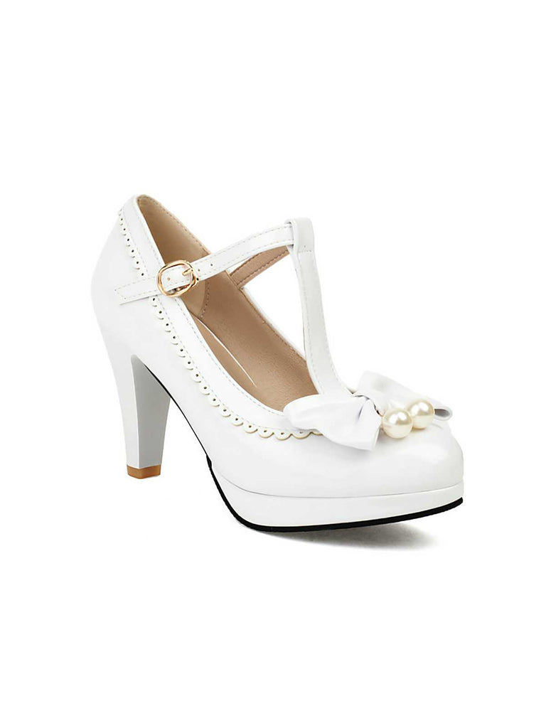 This Retro Bow T-Strap Contrast High Heels Shoes whispers 1950s secrets to those who notice