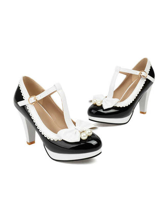 She finds her 1950s story in this Retro Bow T-Strap Contrast High Heels Shoes