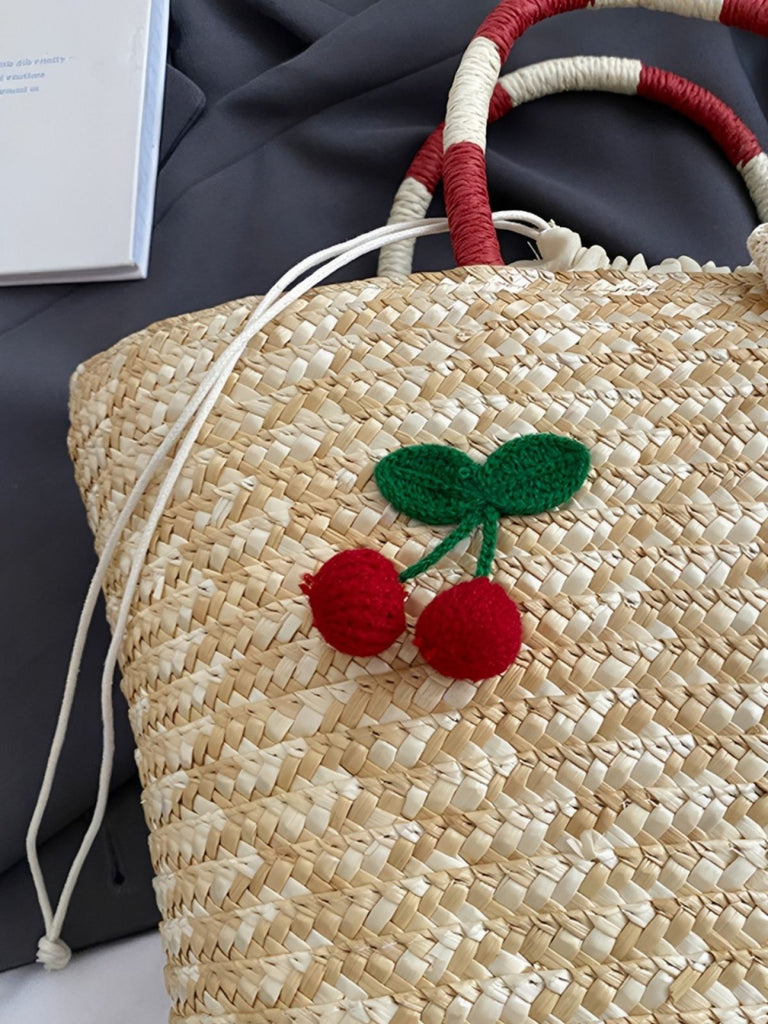 Retro Cherry Applique Lace Bow Drawstring Straw Tote Bag: beautiful vintage fashion, retro style, classic elegance with timeless appeal