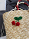 Retro Cherry Applique Lace Bow Drawstring Straw Tote Bag: beautiful vintage fashion, retro style, classic elegance with timeless appeal
