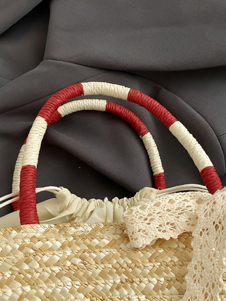 Retro Cherry Applique Lace Bow Drawstring Straw Tote Bag | vintage fashion, retro style, classic elegance - perfect for retro fashion enthusiasts