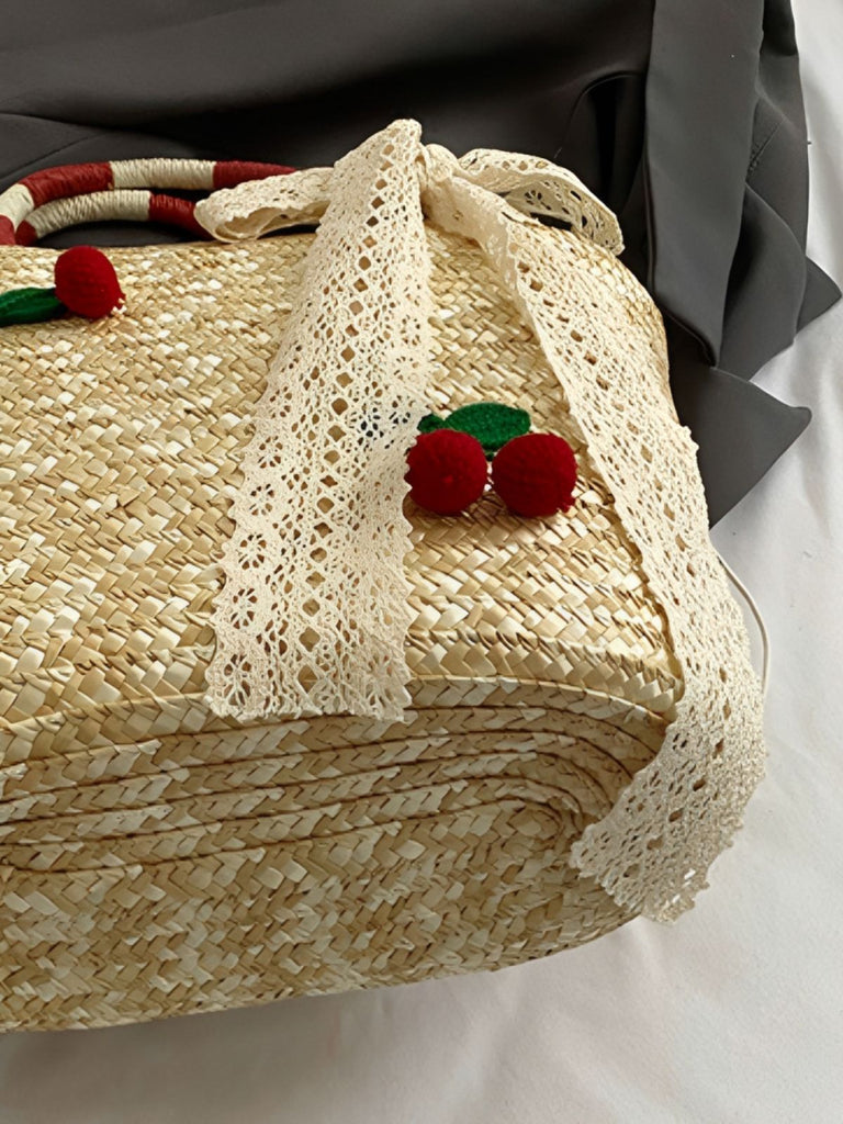 Retro Cherry Applique Lace Bow Drawstring Straw Tote Bag - vintage fashion, retro style, classic elegance for vintage lovers
