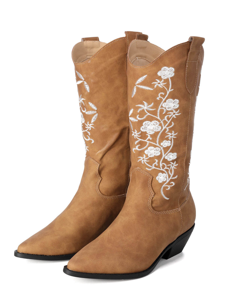 This Retro Embroidered Flower Leather Cowboy Boots whispers 1950s secrets to those who notice