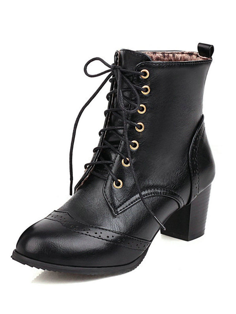 Retro Leather Medium Heel Lace-Up Combat Boots — 1950s vintage charm for her modern wardrobe