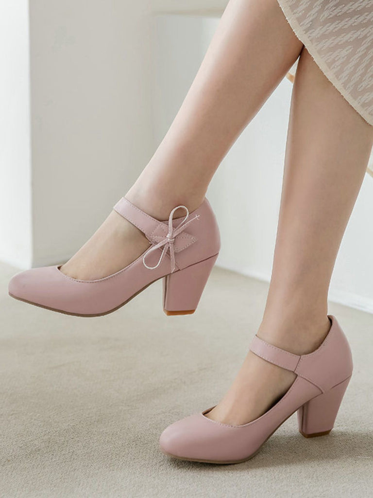 Retro Round Toe Solid Bowknot Chunky Heels - vintage shoes, retro heels