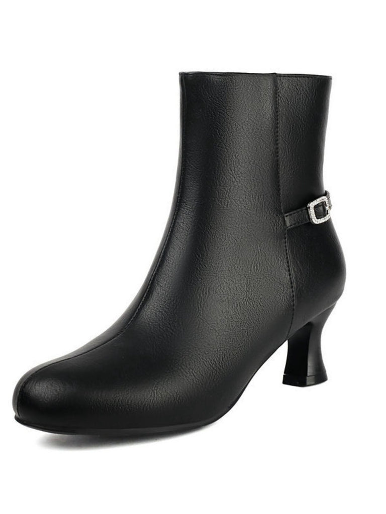 Retro Solid Faux Leather Side Zipper Ankle Boots - vintage fashion, retro style