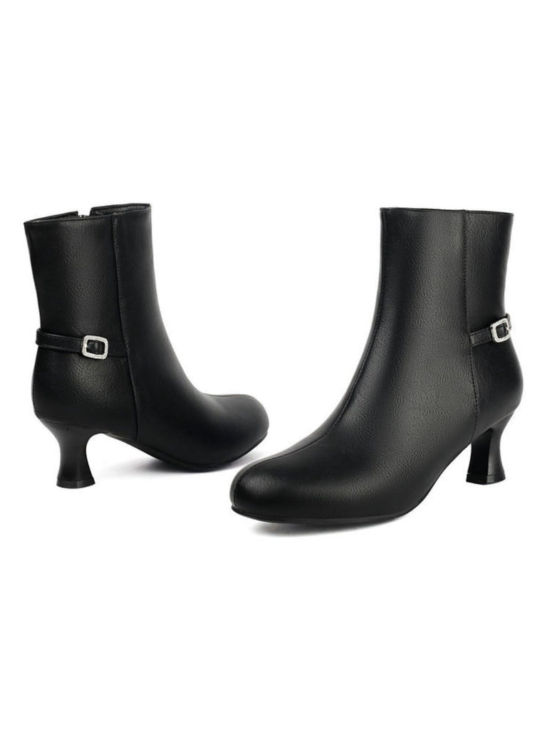 Retro Solid Faux Leather Side Zipper Ankle Boots - vintage fashion, retro style