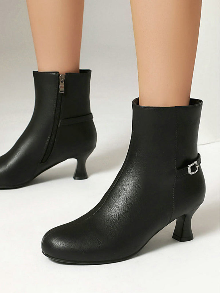Retro Solid Faux Leather Side Zipper Ankle Boots - vintage fashion, retro style