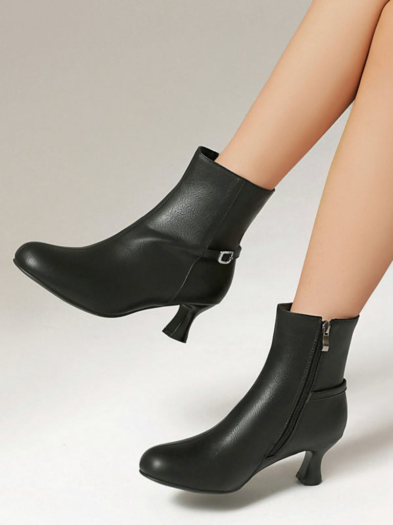 Retro Solid Faux Leather Side Zipper Ankle Boots - vintage fashion, retro style