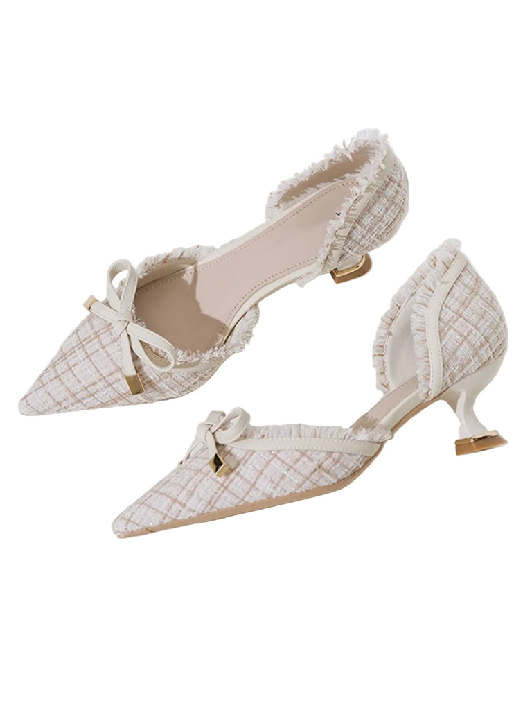 This Retro Tweed Bow Kitten Pointed Heels whispers 1950s secrets to those who notice