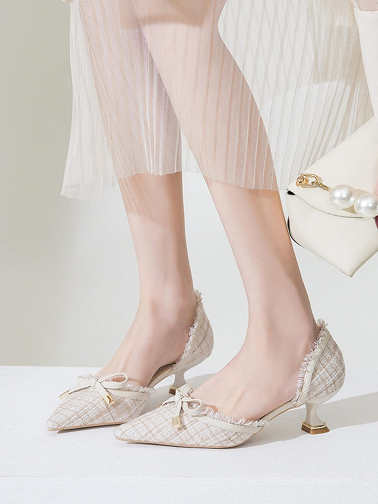 Retro Tweed Bow Kitten Pointed Heels — 1950s style that transcends decades